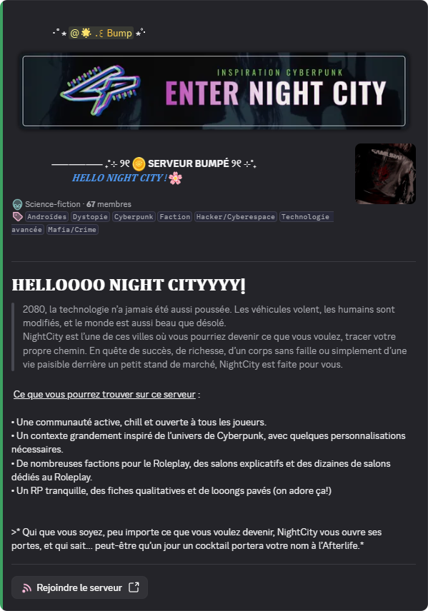 Annonce de bump d'un serveur premium sur le Discord SakurakiRP