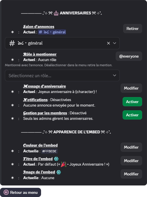 Panneau de configuration des anniversaires dans Discord