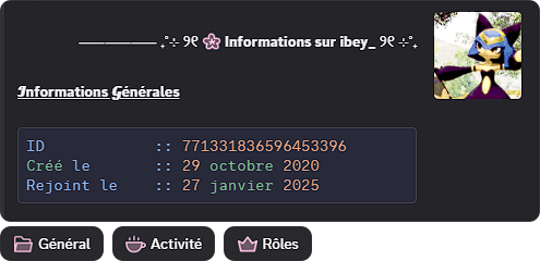 Fiche d'un membre affichée par SakurakiBot