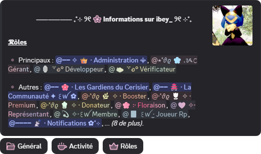 Liste des rôles d'un membre, séparés en principaux et autres