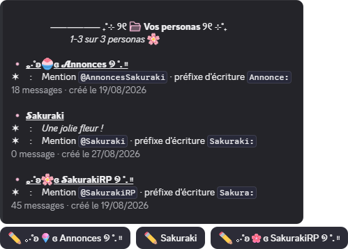 Liste des personas d'un membre affichée par SakurakiBot