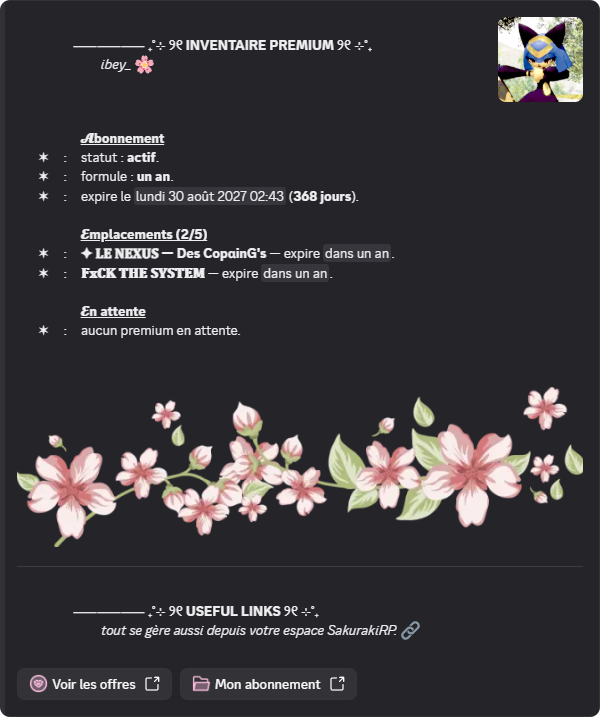 Inventaire premium d'un utilisateur affiché par SakurakiBot