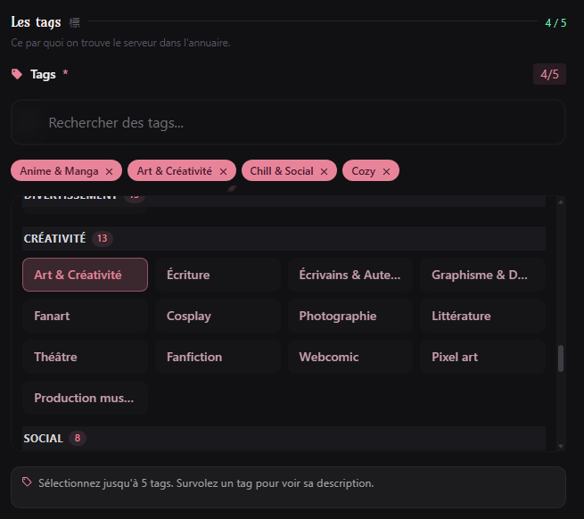 Liste de tags communautaires avec les familles Divertissement et Créativité