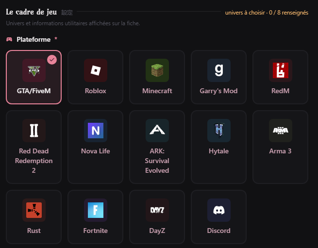 Sélecteur de plateforme suivi de l'onglet Personnages et récit