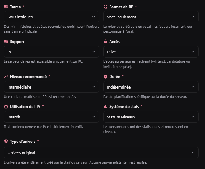 Onglet Règles et technique avec les champs Support et Accès