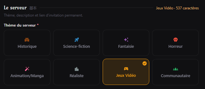 Sélection du thème Jeux Vidéo dans le formulaire