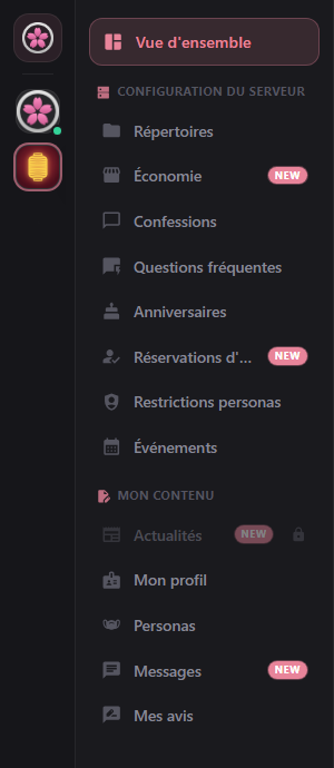 Barre latérale du tableau de bord avec la liste des serveurs