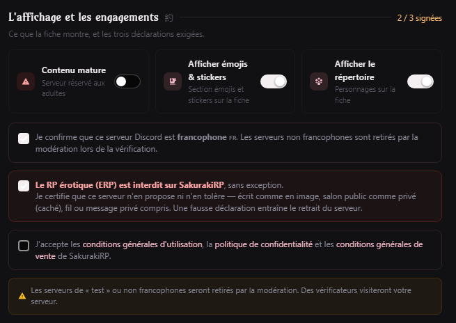 Options d'affichage et cases d'attestation en bas du formulaire