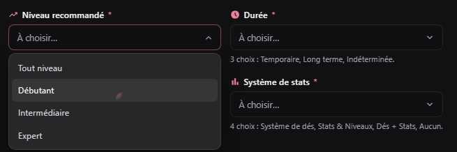 Onglet Rythme et niveau du formulaire