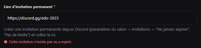 Message d'erreur sous le champ du lien d'invitation