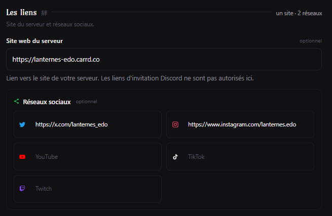 Section des liens et réseaux sociaux