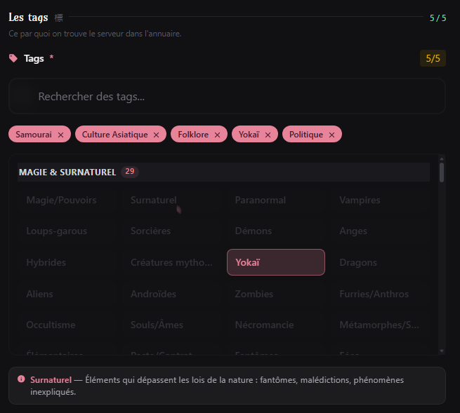 Sélecteur de tags avec sa recherche et ses familles