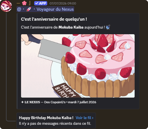 Annonce d'anniversaire publiée par SakurakiBot, avec son fil de discussion