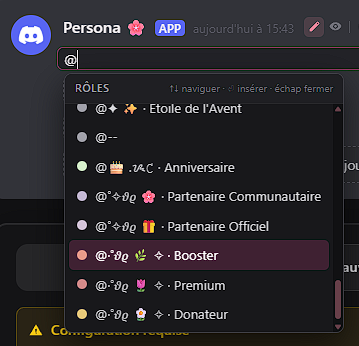 Liste d'autocomplétion des rôles du serveur