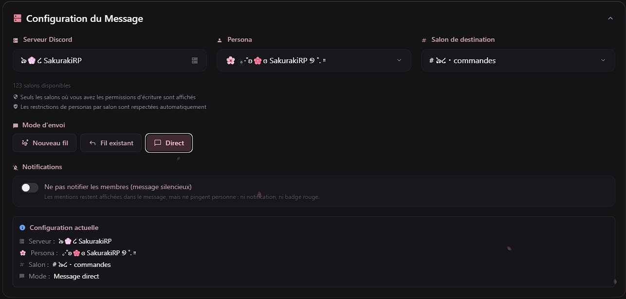 Configuration du message : serveur, persona, salon et mode d'envoi