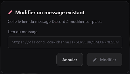Fenêtre demandant le lien du message Discord à modifier