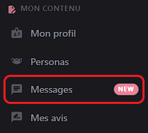 Entrée Messages dans la barre latérale du tableau de bord