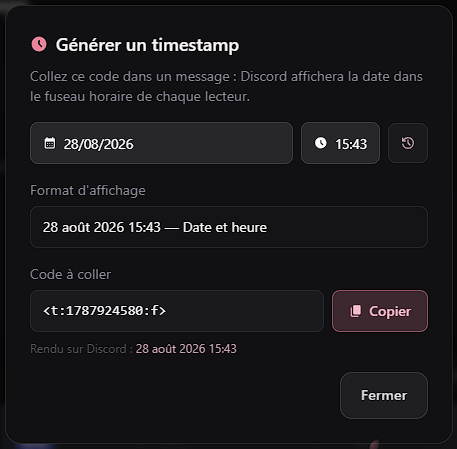 Fenêtre de génération d'un code de date Discord