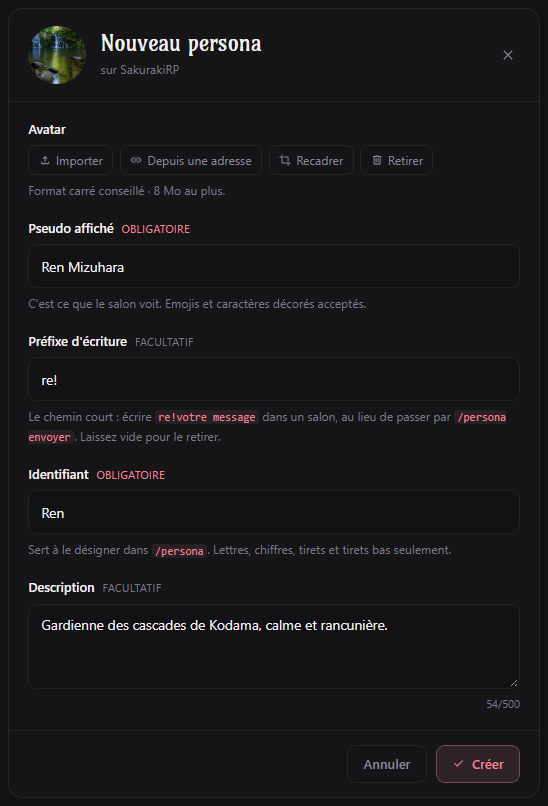 Formulaire de création d'un persona sur le tableau de bord