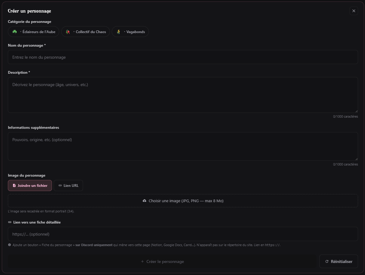Formulaire de création d'une fiche de personnage